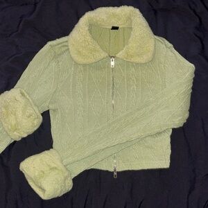 SHEIN Green Zipper Fly Cable Knit Crop Jacket